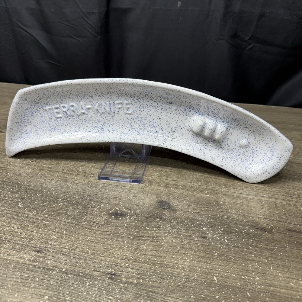 Vintage Terra Knife Ashtray Speckled Blue White Ceramic USA Made Tobacciana